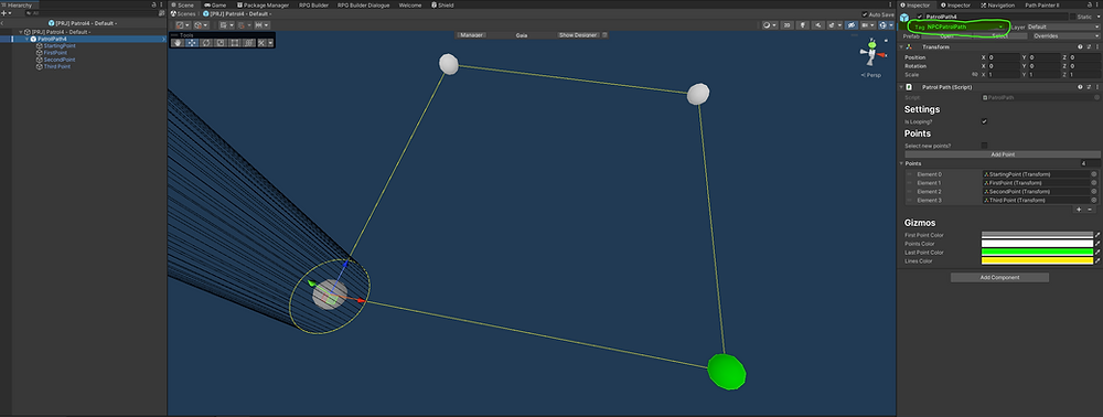 Unity hierarchy showing an NPC spawn point and patrol path grouped together for prefab reuse