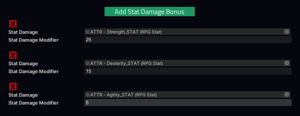 RPG Builder Effect editor showing a list of stat damage bonus entries