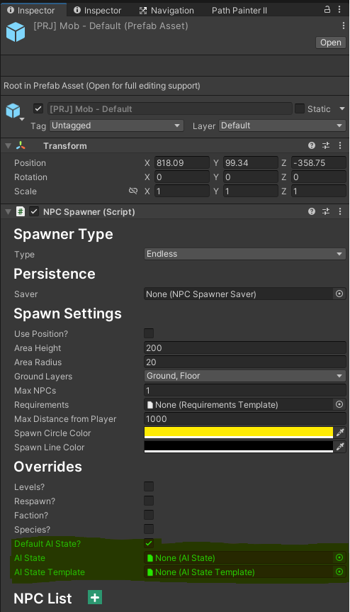 RPG Builder NPC Spawner inspector showing default AI state override fields