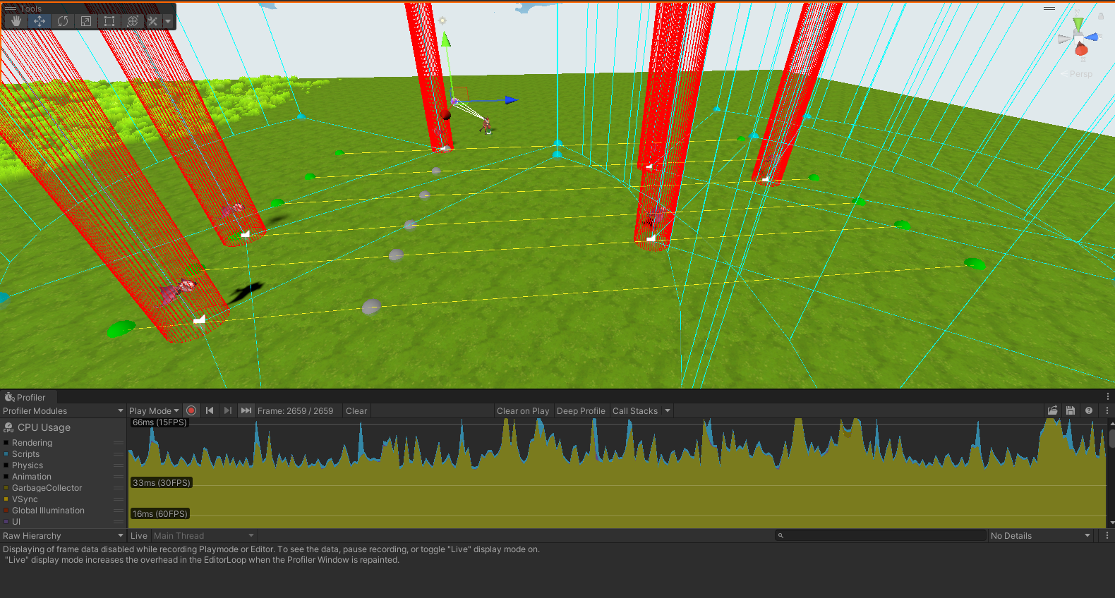 Unity profiler view showing the performance impact of drawing many NPC gizmos