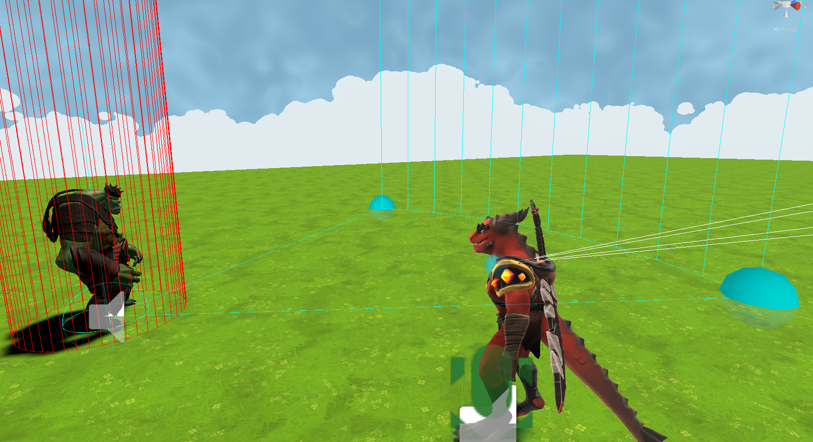Unity scene view showing RPG Builder NPC gizmos around several spawned enemies