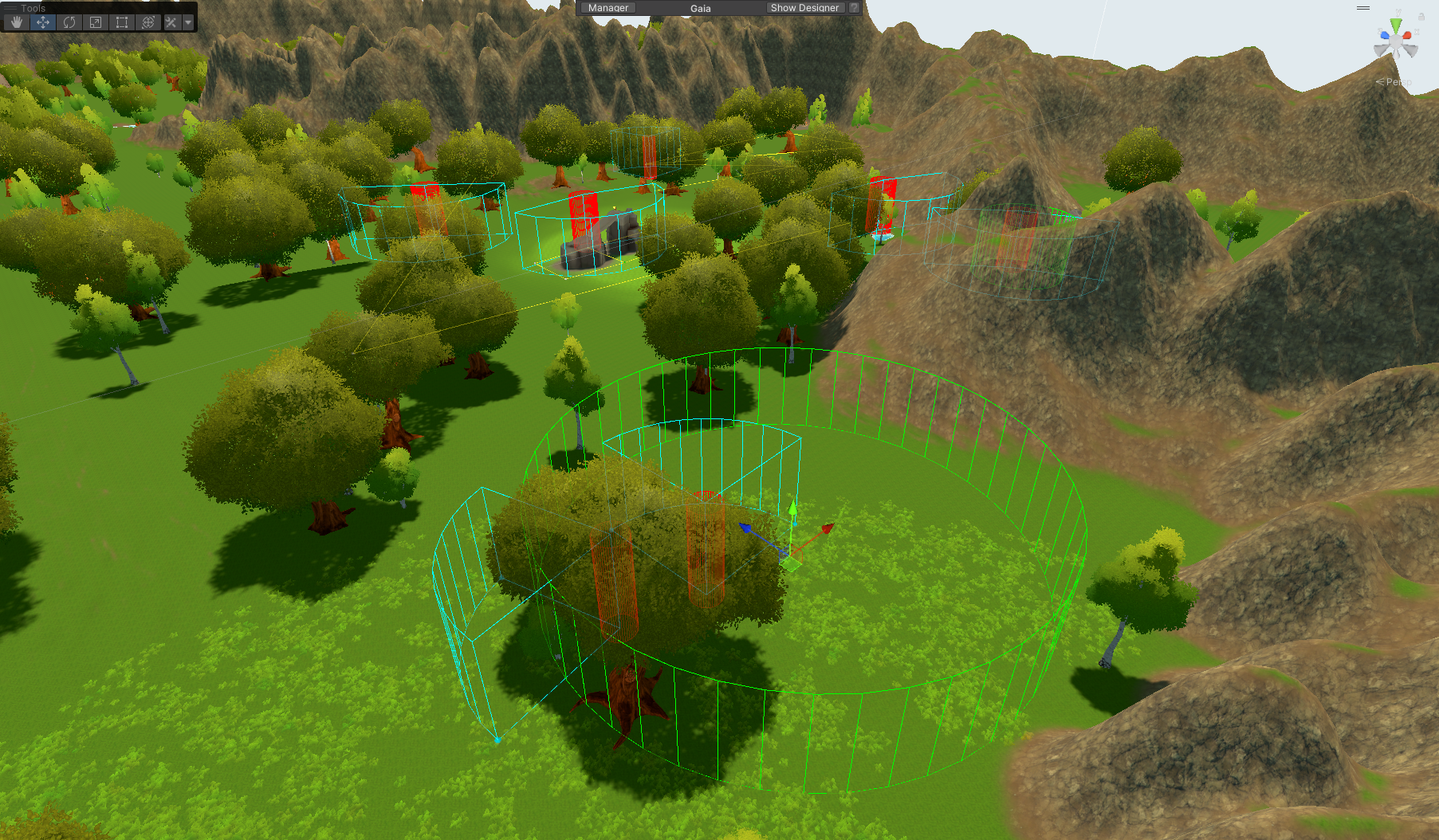 Unity scene view showing red aggro radius circles, teal vision cones, and green roam distance circles