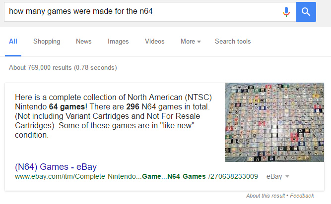Google search result showing 388 Nintendo 64 games